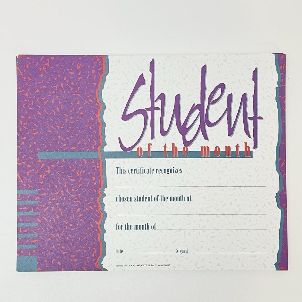 NEW Lot Of 48 Vintage 1992 Jostens Inc. Student Of The Month Certificates